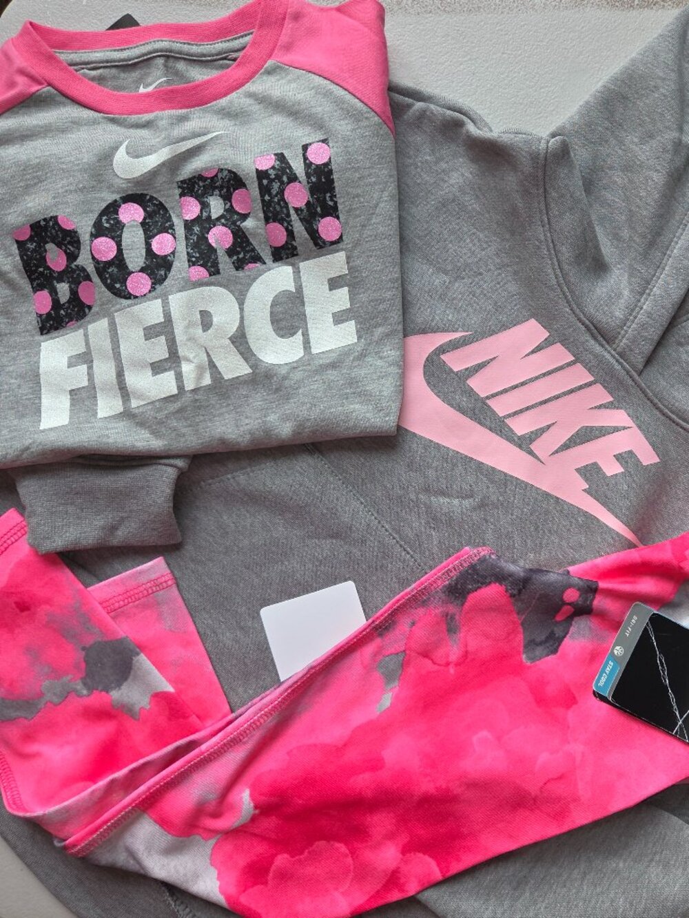 Nike Girls Size 5 - Tie Dye Leggings/ Hoodie & Long Sleeve Top - Pink Gray
